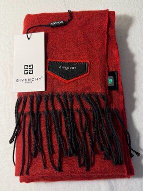 Givenchy Paris 100% Cotton Scarf Red Fringe Rectangular Scarf Wrap Unisex NEW